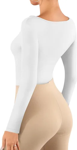 Vista 3 de MANGOPOP Women Asymmetrical Neck Long Sleeve Basic T shirt Thong Bodysuit Tops