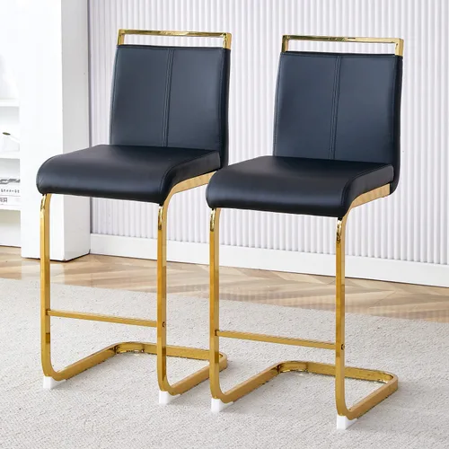 Vista 17 de gopop Juego de 2 taburetes de bar de altura de mostrador con respaldo, taburetes de cocina de cuero sintético negro con patas de metal recubierto