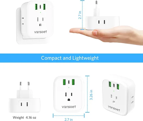 Vista 7 de [Paquete de 2] Adaptador de enchufe de viaje europeo, adaptador de enchufe internacional con USB C de 20 W, 4 tomas de corriente, 3 puertos de carga