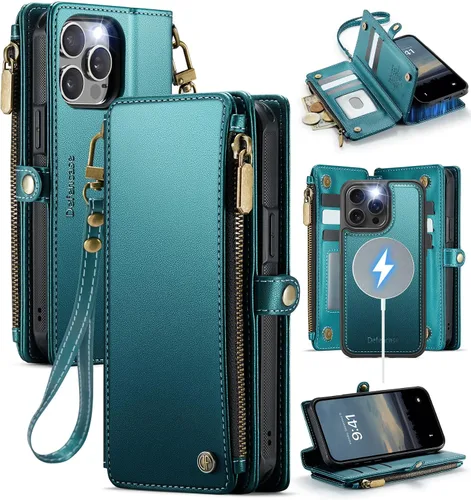 Vista 14 de Defencase Funda magnética para iPhone 13 Pro compatible con Magsafe con bloqueo RFID, correa de cremallera y tarjetero para mujer, funda de piel
