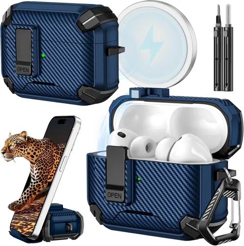 Vista 39 de Inesore Funda para AirPods Pro 1ª/2ª con bloqueo seguro (verde oscuro) Cubierta magnética de bloqueo automático con soporte para teléfono y kit