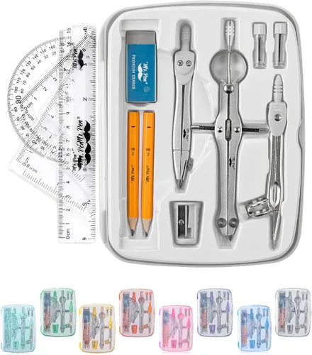 Vista 11 de Mr. Pen- Geometry Set, 13 pcs, 3 Metal Compasses, Protractor, 6" Ruler 45° & 30°/60° Set Squares, Pencils, Lead Refills, Sharpener & Eraser for