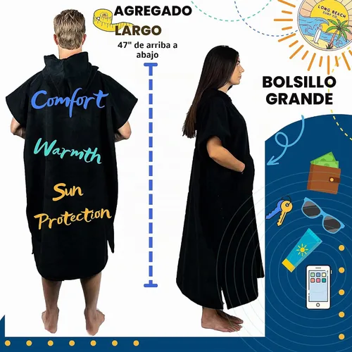 Vista 2 de Long Beach SURF CO - Poncho de surf Toalla de neopreno con capucha con bolsillo Toalla de playa con capucha de secado rápido