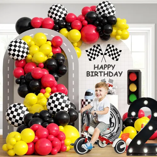 Vista 4 de Kit de arco de globos de auto de carreras de 132 piezas, decoraciones de fiesta con globos rojos, negros y amarillos, globos de rueda a cuadros