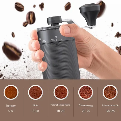Vista 3 de Molinillo de café de mano, rebaba cónica para expreso, prensa francesa, vertido, doble rodamiento, capacidad de ajuste externo, 0.88 oz