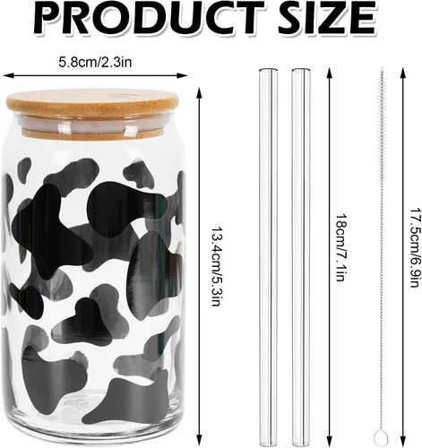 Vista 2 de Whaline Paquete de 2 vasos de bebida de vaca de 16 onzas con estampado de vaca, taza de café helado de vaca con tapas, cepillos de limpieza