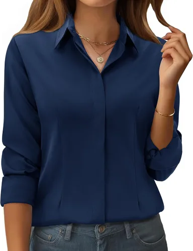 Vista 13 de siliteelon Camisas con botones para mujer: ajuste clásico, resistente a las manchas, manga larga, sin arrugas, oficina de negocios