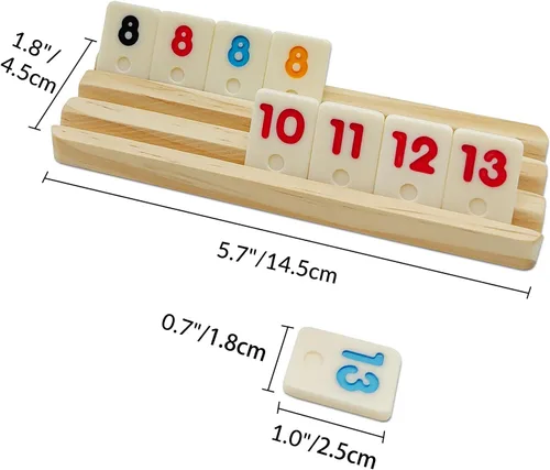 Vista 7 de Mini Travel Rummy Cube Set con 4 estantes de madera, 106 fichas de juego Rummy con estuche portátil para juegos de mesa clásicos en familia