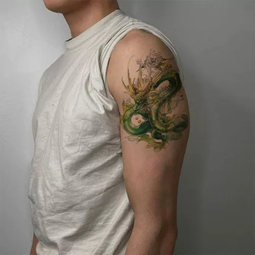 Vista 3 de 2 hojas brazo muslo impermeable falso tatuaje temporal etiqueta engomada verde dragón chino
