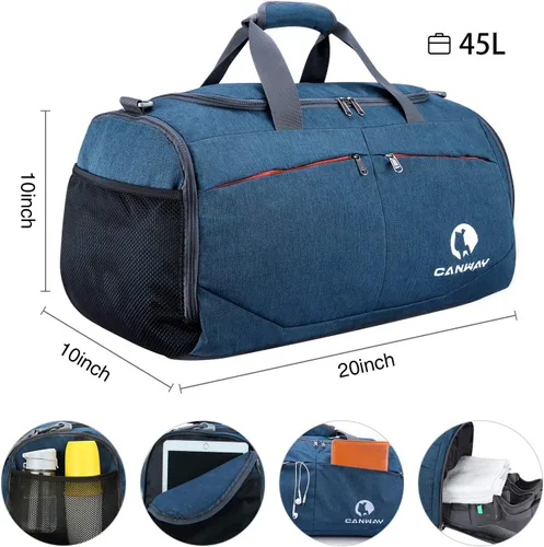 Vista 2 de Canway - Bolsa deportiva para gimnasio, bolsa de lona para viaje con compartimento para bolsa húmedo y para zapatos para hombres y mujeres, de 45 L