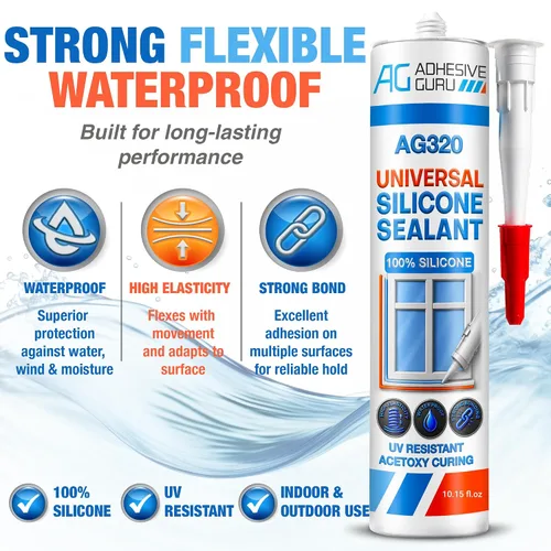 Vista 3 de Adhesive Guru Sellador de Silicona Transparente Multiusos Impermeable 10.15 fl.oz (onzas líquidas), Masilla de Silicona 100%, Sellador Adhesivo