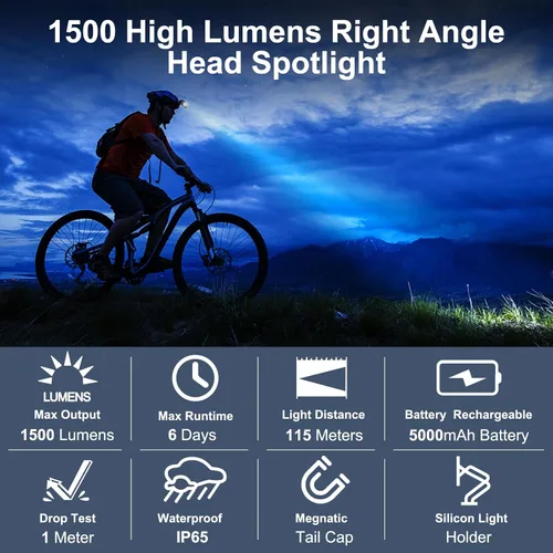 Vista 3 de Linterna frontal recargable – 1500 lúmenes en ángulo recto diadema LED, linterna impermeable para adultos al aire libre, camping, senderismo, pesca