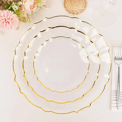 Vista 2 de Efavormart - Paquete de 10 platos de postre de plástico transparente con girasol con borde festoneado dorado, platos redondos desechables para Claro