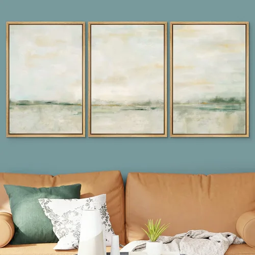 Vista 399 de SIGNWIN Lienzo enmarcado para pared, juego de arte pastel con cadena montañosa, bosque, niebla, naturaleza silvestre, ilustraciones modernas, arte