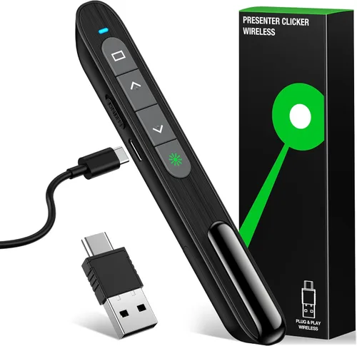 Vista 9 de Clicker de Presentación Puntero Láser Verde, Presentador Inalámbrico Puntero de PowerPoint Recargable, Puntero de Presentación RF 2.4GHz USB