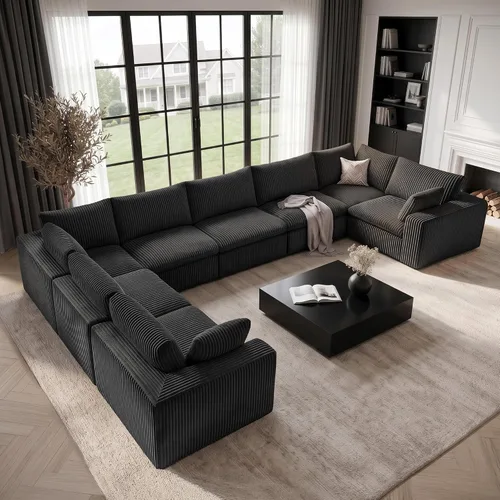 Vista 29 de 118" Cloud Couch Oversized Modular Sectional Sofa, Boneless L-Shaped 6 Seater Deep Seat Couch with Ottoman, Soft Corduroy Upholstery, DIY Negro