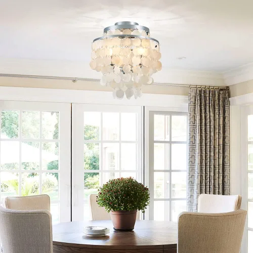 Vista 5 de AGV LIGHTING CL008S Capiz Seashell Lámpara de Techo, Montaje al Ras, D13 x H15, 3 Luces, Marco con Acabado Cromado; Perfecto para Sala de Estar