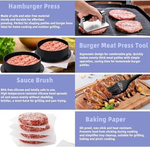 Vista 4 de Smash - Prensa de hamburguesa rectangular de acero inoxidable, molde de hamburguesa rellena, cepillos de salsa, 50 piezas de papel encerado 4 en 1