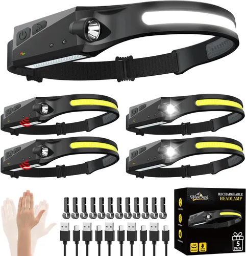 Vista 7 de Linterna frontal recargable, 3 piezas, lámpara de cabeza de haz ancho de 230°, linterna frontal LED recargable con sensor de movimiento, linternas