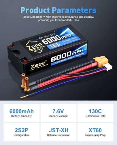 Vista 2 de Zeee Premium Pro 2S 6000mAh Lipo Batería 7.6V 130C con conector de bala a XT60 de 0.197 in, resistencia interna ultrabaja, carcasa rígida para auto