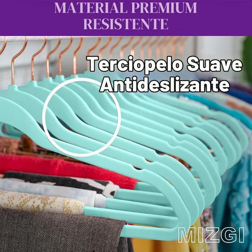 Vista 2 de MIZGI Velvet Hangers 50 Pack Non Slip Heavy Duty Aqua Blue Rose Gold Hooks Agua/oro rosa