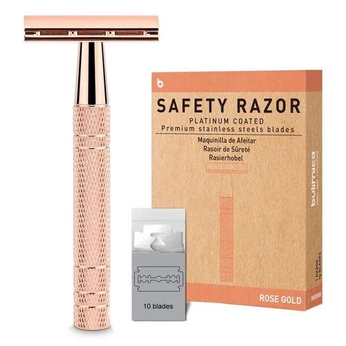 Vista 11 de Maquinilla de afeitar de seguridad azul, navajas de una sola hoja para hombres Reusable Metal Razor, with 10 Platinum Coated Double Edge Blades