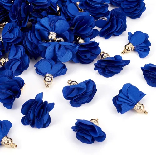 Vista 11 de Cheriswelry 50 colgantes de tela de tela de flores de tela negra con pétalos florales con tapa dorada en forma de campana para manualidades, aretes