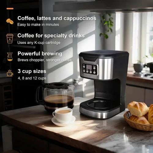 Vista 3 de Cafetera programable de 12 tazas, máquina de café de preparación y goteo, totalmente automática, ajuste de 1-4 tazas, de acero inoxidable, función