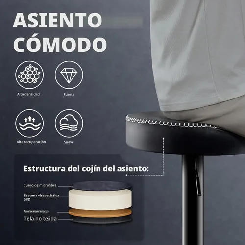 Vista 4 de STOOLINK Juego de 2 taburetes de bar giratorios de cuero de microfibra negro de altura de mostrador con asiento redondo, taburetes de bar ajustables
