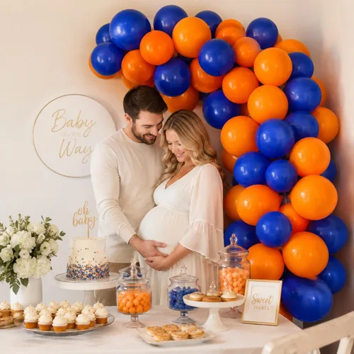 Vista 6 de Globos azules y naranjas, 50 unidades, globos de látex azules y naranjas, globos de fiesta azules y naranjas, decoración de cumpleaños para niñas