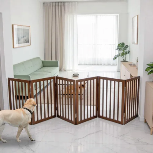Vista 32 de Puerta para perros para interiores, valla independiente para perros, para la casa, puertas, pasillos o escaleras, puerta para mascotas plegable