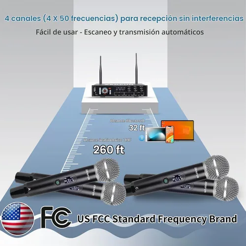 Vista 8 de Pro - Sistema de micrófono inalámbrico de 4 canales recargable y preefector, micrófonos inalámbricos de mano de metal UHF con pantalla LCD, corte