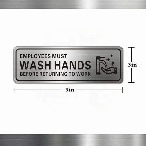 Vista 3 de Letrero de metal de acero inoxidable con texto en inglés "Employees Must Wash Hands Before Return to Work", con autoadhesivo, 9 x 3 pulgadas