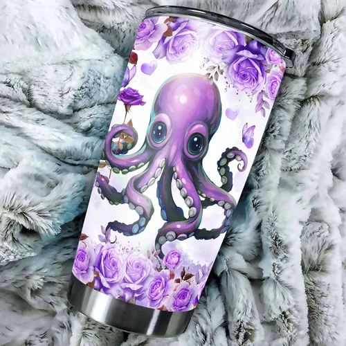 Vista 5 de Dorris Vaso de pulpo personalizado aislado con tapa, nombre personalizado, taza de café de viaje morada, tazas térmicas, regalo novedoso para Para