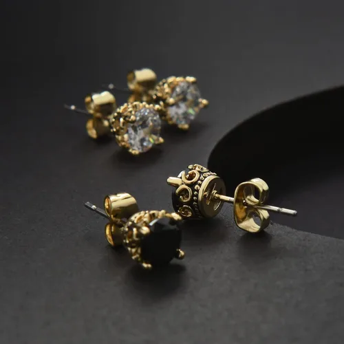 Vista 8 de Aretes negros y dorados para hombres y mujeres, con corona retro, hipoalergénicos, de acero inoxidable, con circonita cúbica