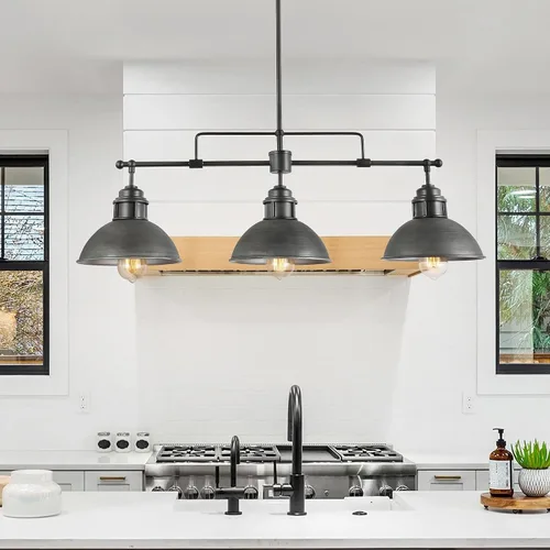 Vista 2 de LOG BARN Candelabros para comedor, iluminación industrial de isla de cocina de 3 luces, lámpara colgante de mesa de billar estilo granja de 35.7
