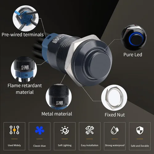 Vista 4 de STARELO 5 piezas Interruptor de botón LED momentáneo de 12 mm con carcasa negra y pre-cableado, interruptor de botón a prueba de agua IP65, 1NO 1