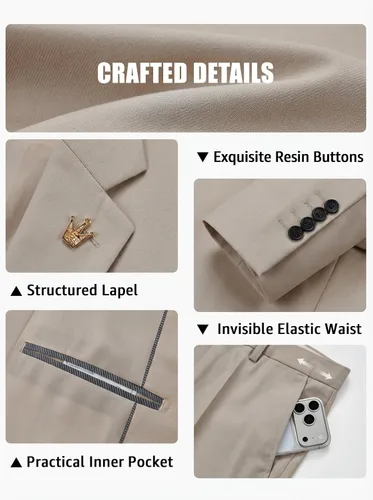 Vista 4 de Traje de 3 piezas para hombre con corbata, chaleco sólido de un botón y beige (529-beige)