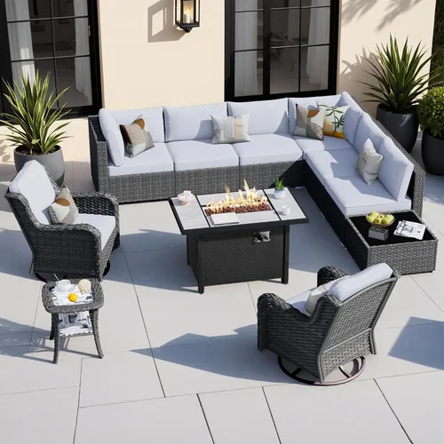 Vista 19 de HOOOWOOO Juego de sofá modular para patio al aire libre, 7 piezas en forma de U, juego de sofá de mimbre rústico para 6 personas, juego de Beige