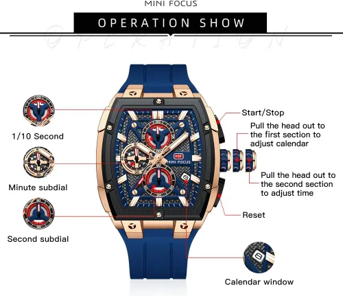 Vista 5 de MF MINI FOCUS Reloj analógico impermeable para hombre, reloj de pulsera con fecha, esqueleto Tonneau para hombre con cronógrafo, ideal