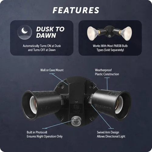 Vista 6 de GLOBE Electric Luz de inundación automática de 240 W de doble cabeza negra cableada de seguridad del atardecer al amanecer, foco, al aire libre