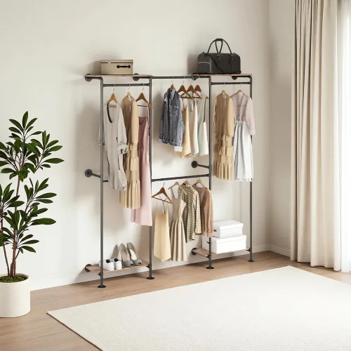 Vista 4 de KaKaBB Perchero industrial de tubería, perchero de pared para colgar ropa, perchero de esquina ajustable en forma de L con estantes, sistema de Negro