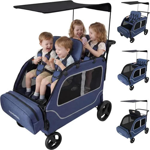 Vista 11 de Cochecito grande de 4 plazas, 2, 3, niños pequeños, color negro Car Shaped, Foldable, All Terrain, Removable Canopy, 5 Point Harness, Travel