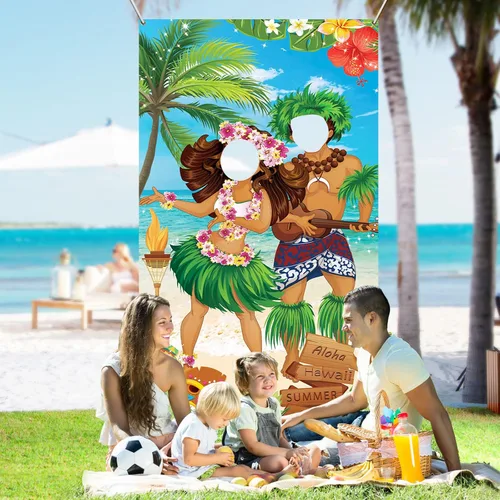 Vista 6 de HiParty Decoraciones de fiesta hawaiana Luau, pancarta de fotos de pareja Luau, accesorios de fotos de Tiki Luau para fiesta en la playa, pancarta