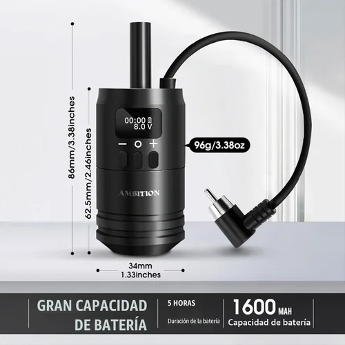 Vista 2 de Ambition Agarre de batería de tatuaje 2 en 1 - Mango de control inalámbrico, pantalla digital eléctrica, interfaz RCA de agarre de aguja especial