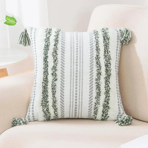 Vista 18 de decorUhome Funda de almohada decorativa bohemia de 18 x 18 pulgadas, funda de almohada de acento con textura neutra acolchada a rayas para sofá