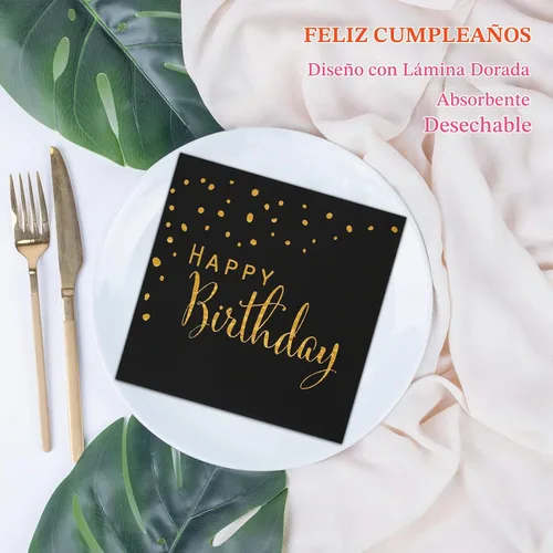 Vista 8 de DYLIVeS Servilletas de feliz cumpleaños, servilletas de papel de aluminio negro y dorado, servilletas de papel desechables para cena, picnic (Negro)