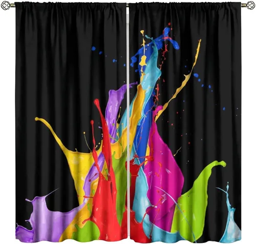 Vista 44 de Cortinas opacas abstractas de arco iris, pintura de color arcoíris con gotas, diseño gráfico creativo con bolsillo para barra, para sala de estar