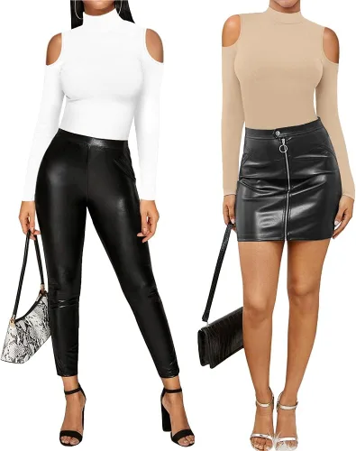 Vista 4 de MANGOPOP Trajes de cuerpo de manga larga para mujer, body de cuello alto para salir con corte sexy en los hombros