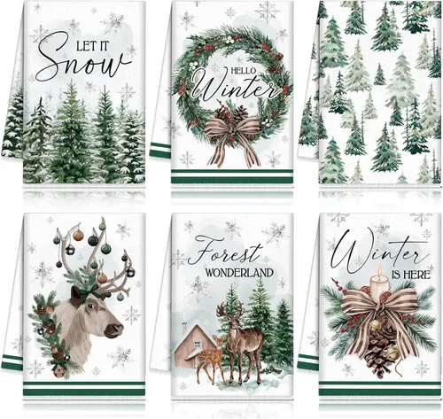 Vista 16 de FuWeave Toallas de Cocina Navideñas Beige Paños de Cocina con Árbol Navideño Toallas de Mano Decorativas Hello Winter Absorbentes Pelota de Guantes